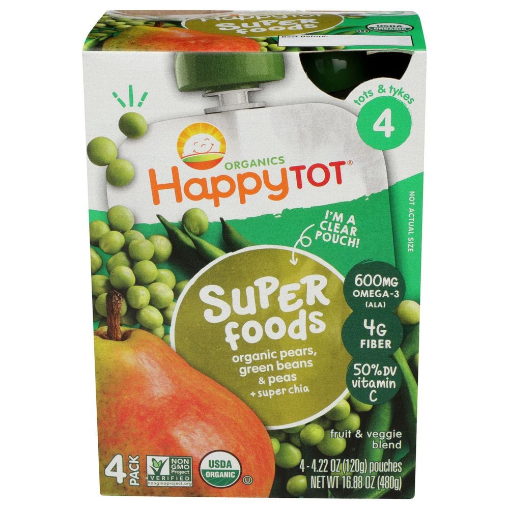Happy Tot Organics Super Foods Fruit & Veggie Blend, Organic Pears, Green Beans & Peas, 4 (Tots & Tykes)