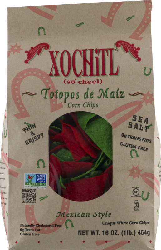 Xochitl Stone Ground Corn Chips, Mexican Style, Holiday Green & Red