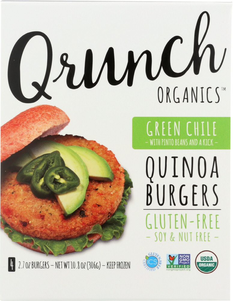 Qrunch Quinoa Burgers, Green Chili With Pinto Beans