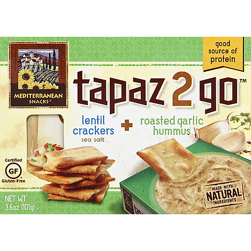 Mediterranean Snacks Tapaz 2 Go, Sea Salt Lentil Crackers + Roasted Garlic Hummus 3.6 Oz