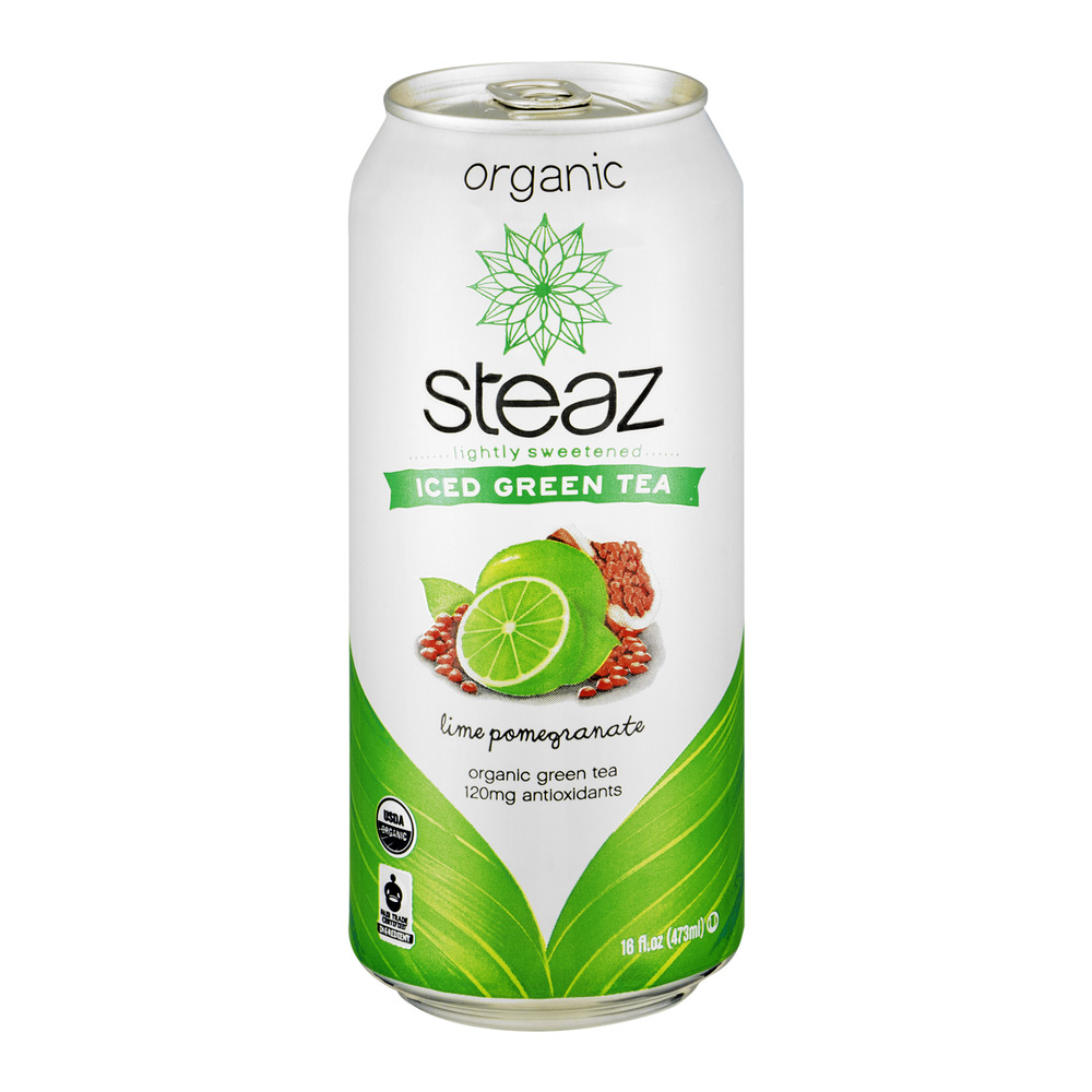 Steaz Green Tea, Iced, Organic, Light Sweetened, Lime Pomegranate