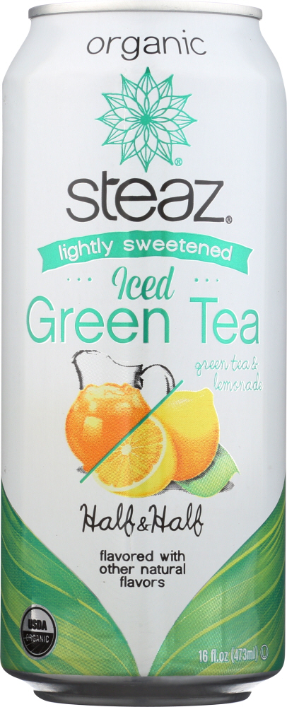 Steaz Organic Lightly Sweetened Iced Green Tea With Lemonade, Half & Half, 16 FL OZ