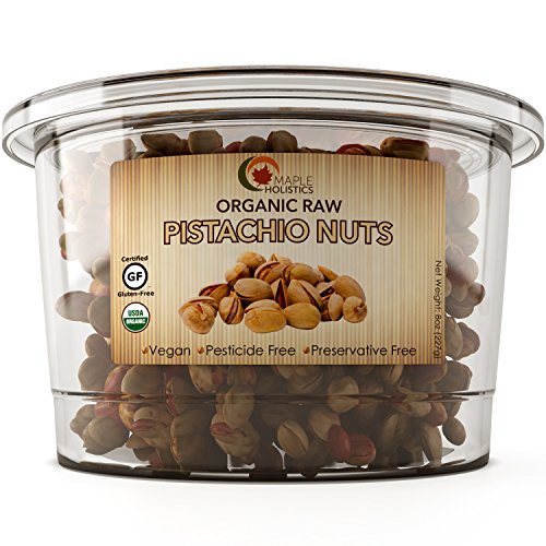Pistachio Nuts - Organic Raw Pistachios - 100% Certified Gluten Free Kosher & Salt Free - Perfect For Trail Mix Cooking And Baking - 8 Oz - USDA Organic - Vegan - By Maple Holistics