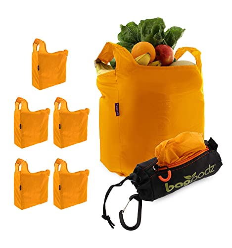 BagPodz Reusable Shopping Bags Inside A Compact Pod With Carry Clip RipStop Nylon Holds 50lbs Very Sturdy, 5 Pack In Orange
