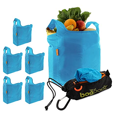 BagPodz Reusable Shopping Bags Inside A Compact Pod With Carry Clip RipStop Nylon Holds 50lbs Very Sturdy, 5 Pack In Blue