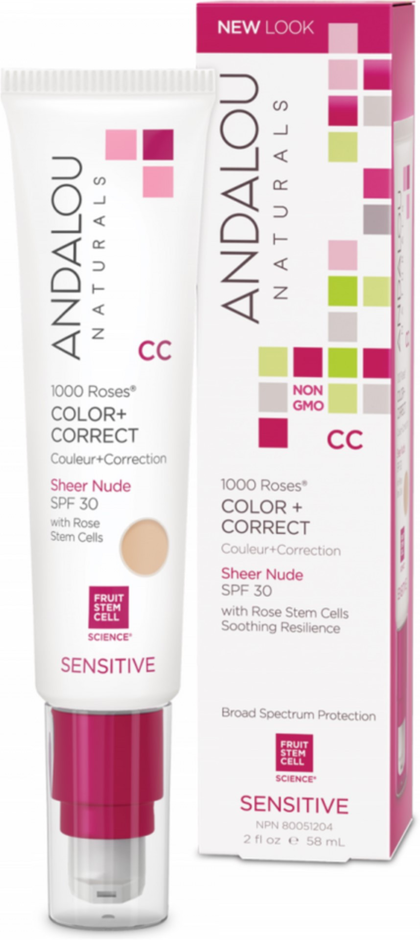 Andalou Naturals CC 1000 Roses, Color + Correct, Sheer Nude SPF 30, Sensitive, 2 Fl Oz (58 Ml)