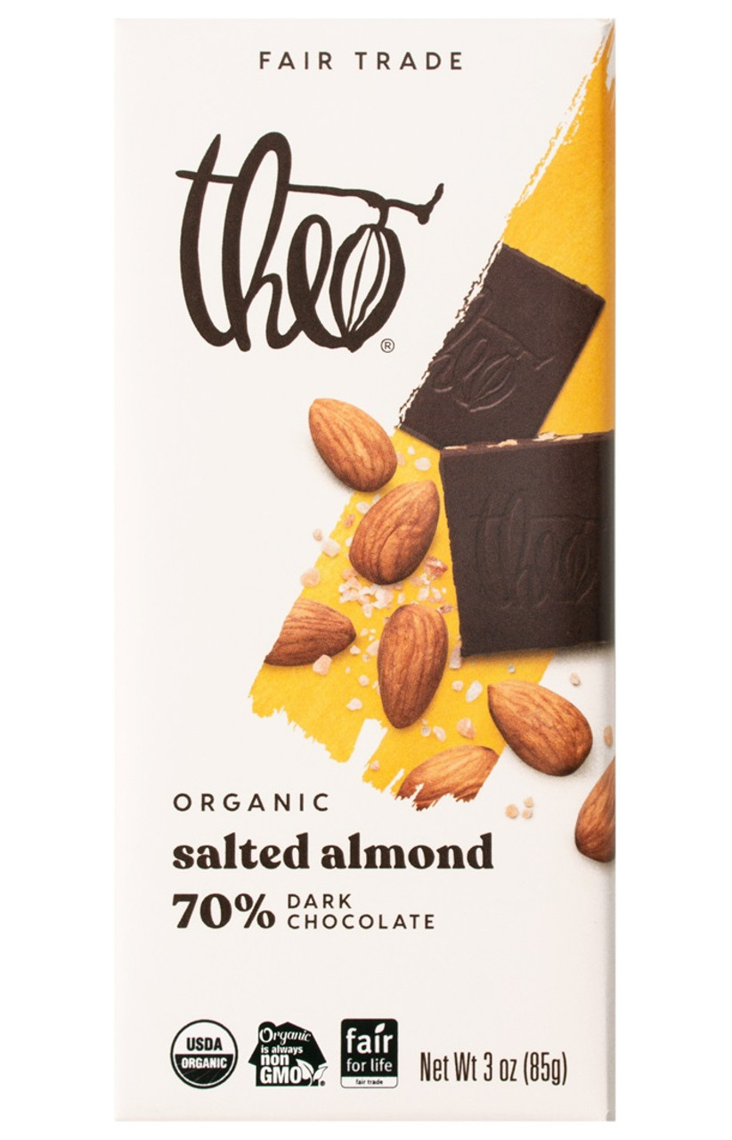 Theo Organic Fair Trade Salted Almond 70% Dark Chocolate Bar