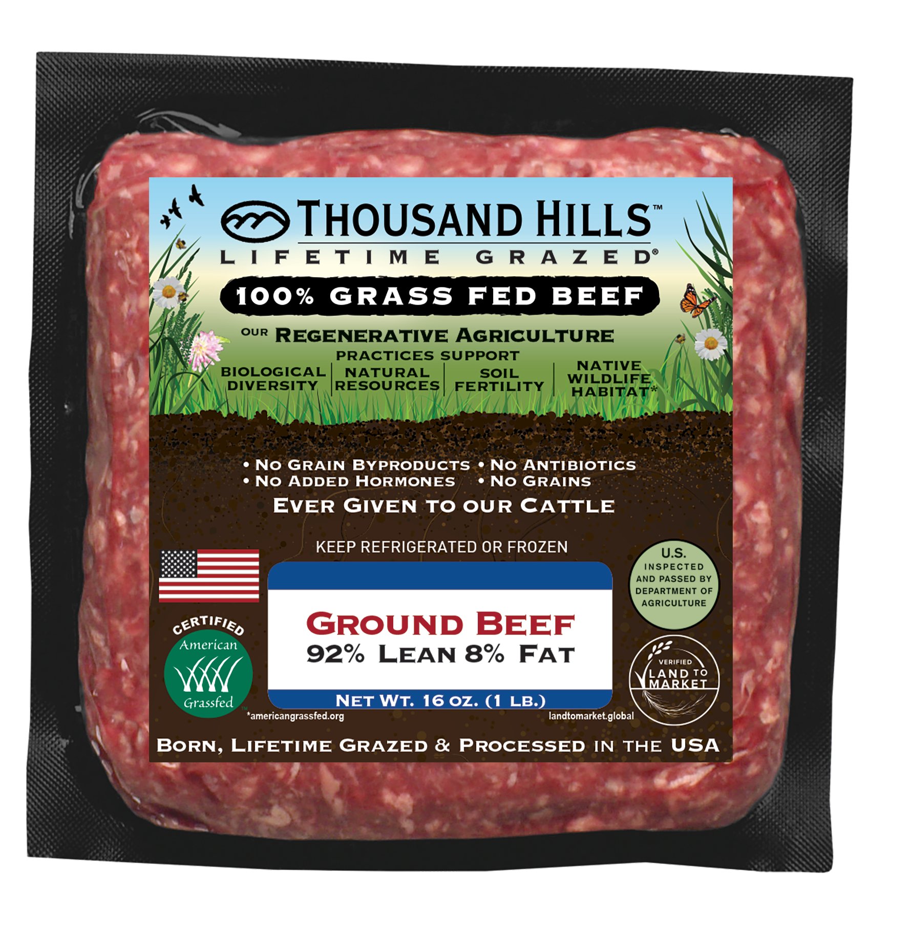 Thousand Hills Lifetime Grazed Grass Fed Ground Beef 92/8, 16oz