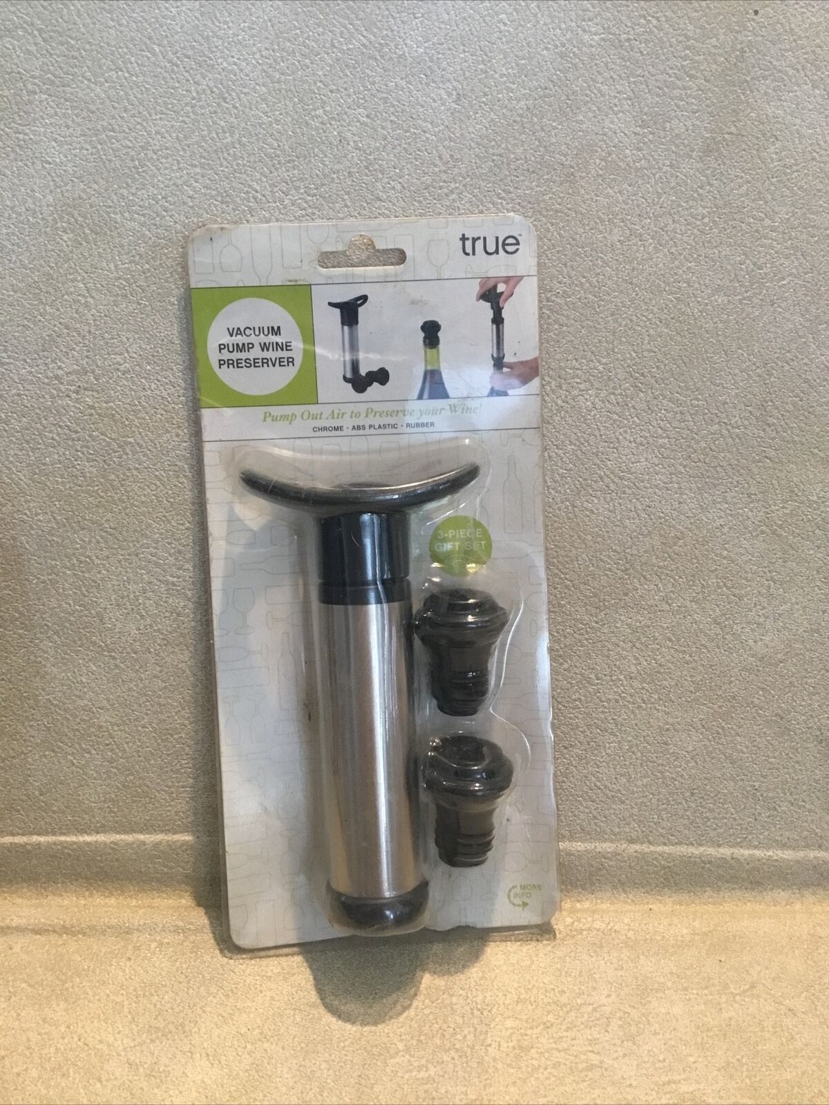 TrueFabrications VACUUM PUMP WINE PRESERVER GIFT SET 2 Stoppers Chrome Pump Air Wine Bottle Drink