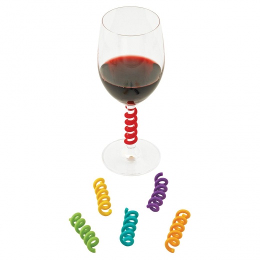 True Stem Spring: Set Of 6 Multicolored Coil Shaped Silicone Wine Glass Marker Charms By Zoo