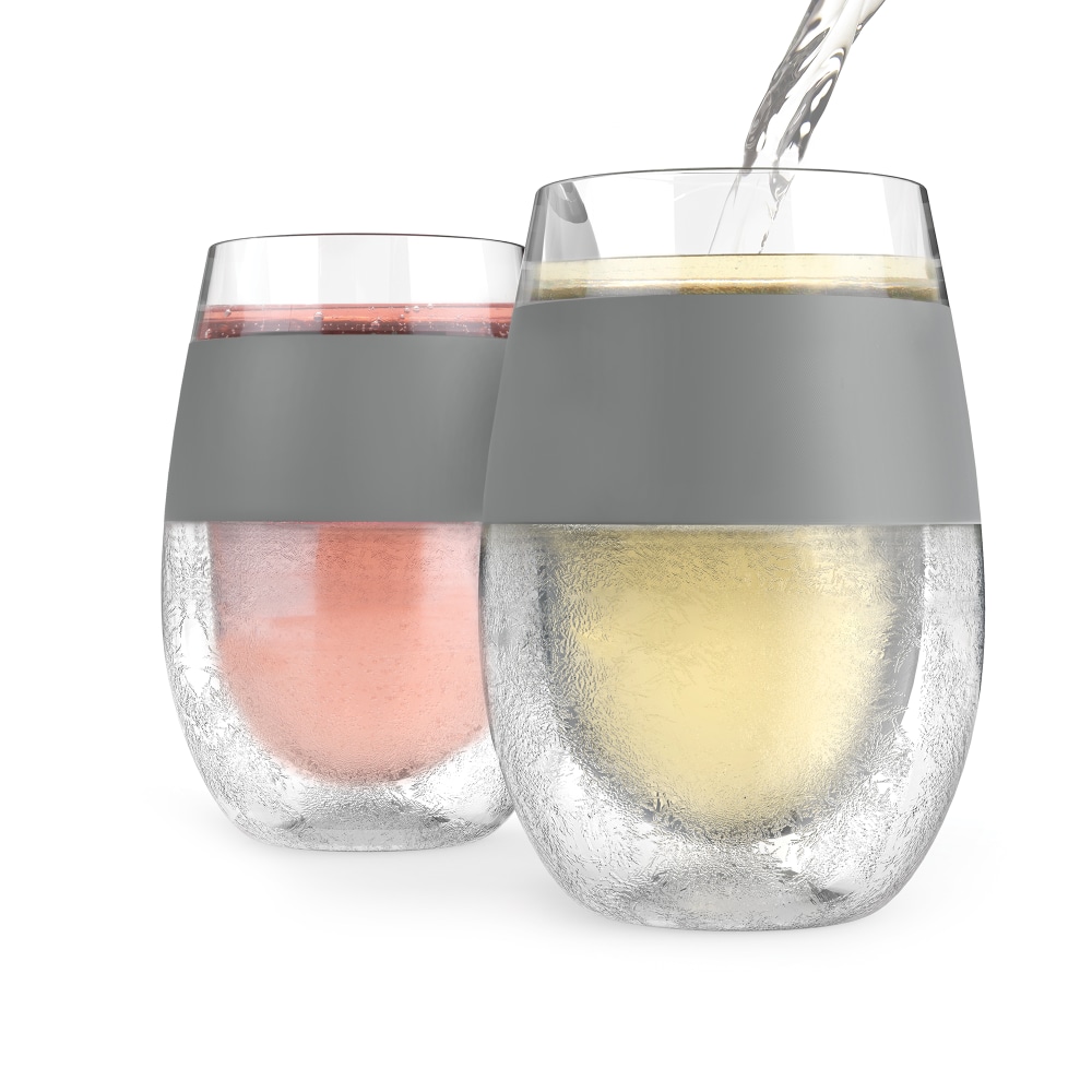 Host Freeze Cooling Cup Set Of 2 Plastic Double Wall Insulated Freezer Chilling Tumbler With Gel, Wine Glasses For Red And White Wine, 8.5 Oz, Grey