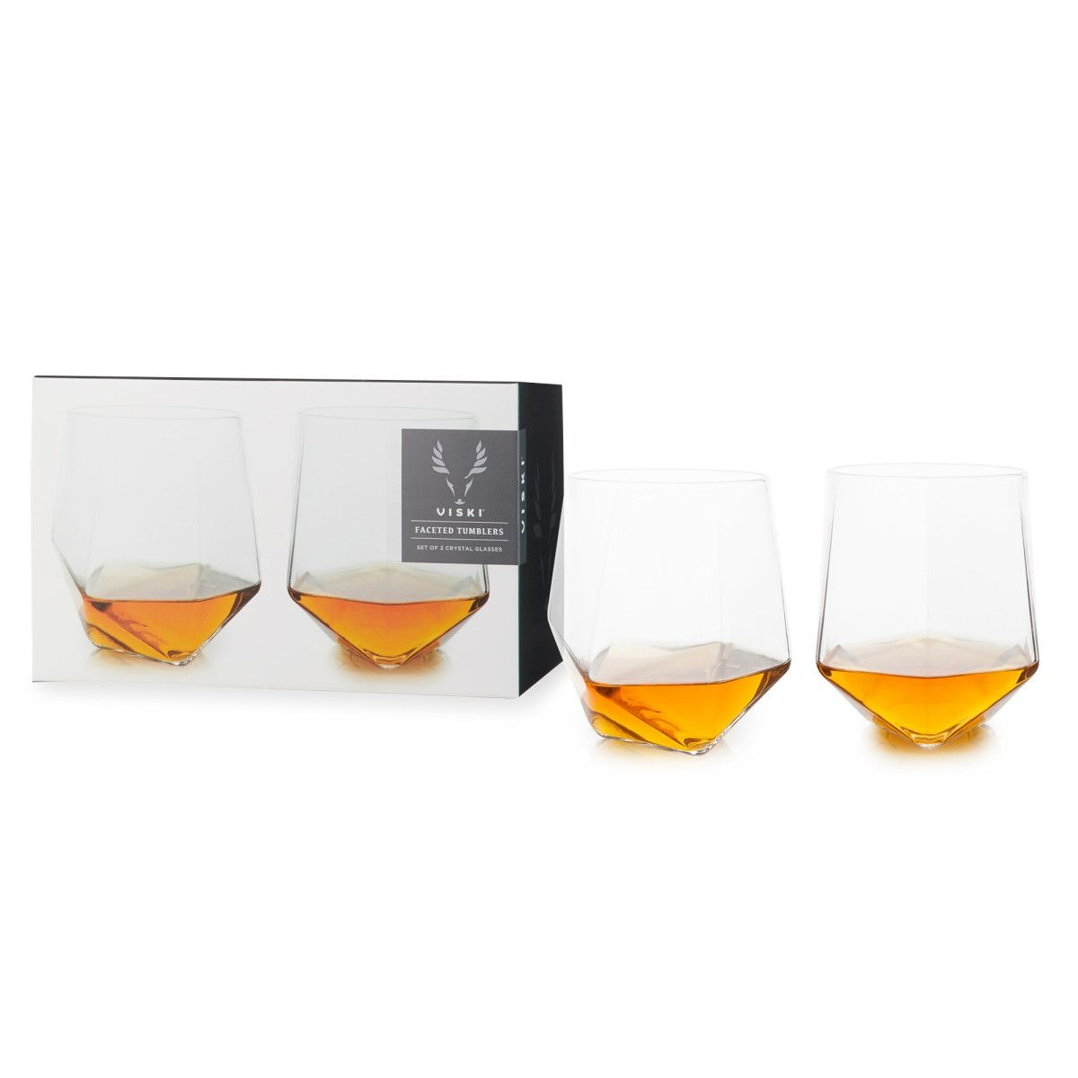 Viski Seneca Faceted Crystal Glass Tumblers - Stylish Lowball Cocktail Glasses