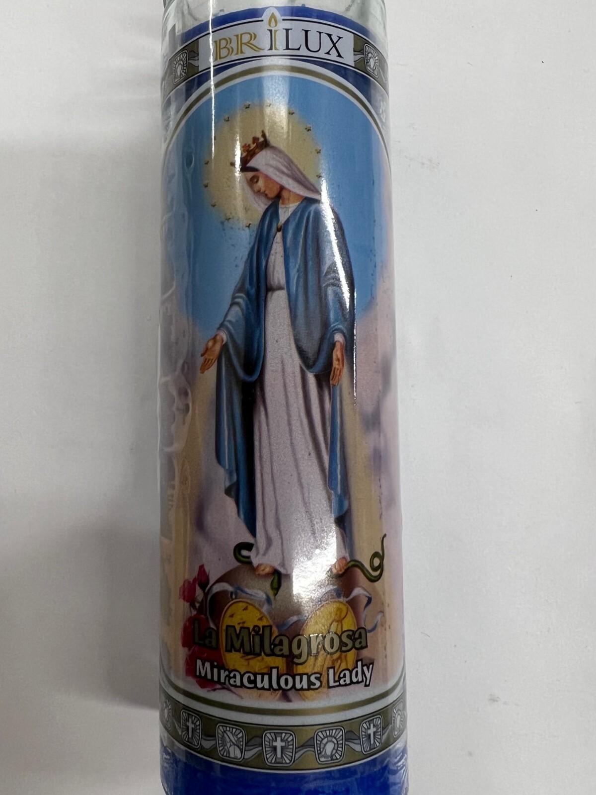 Miraculous Mother Unscented Blue Pillar Candle In Glass (la Milagrosa)