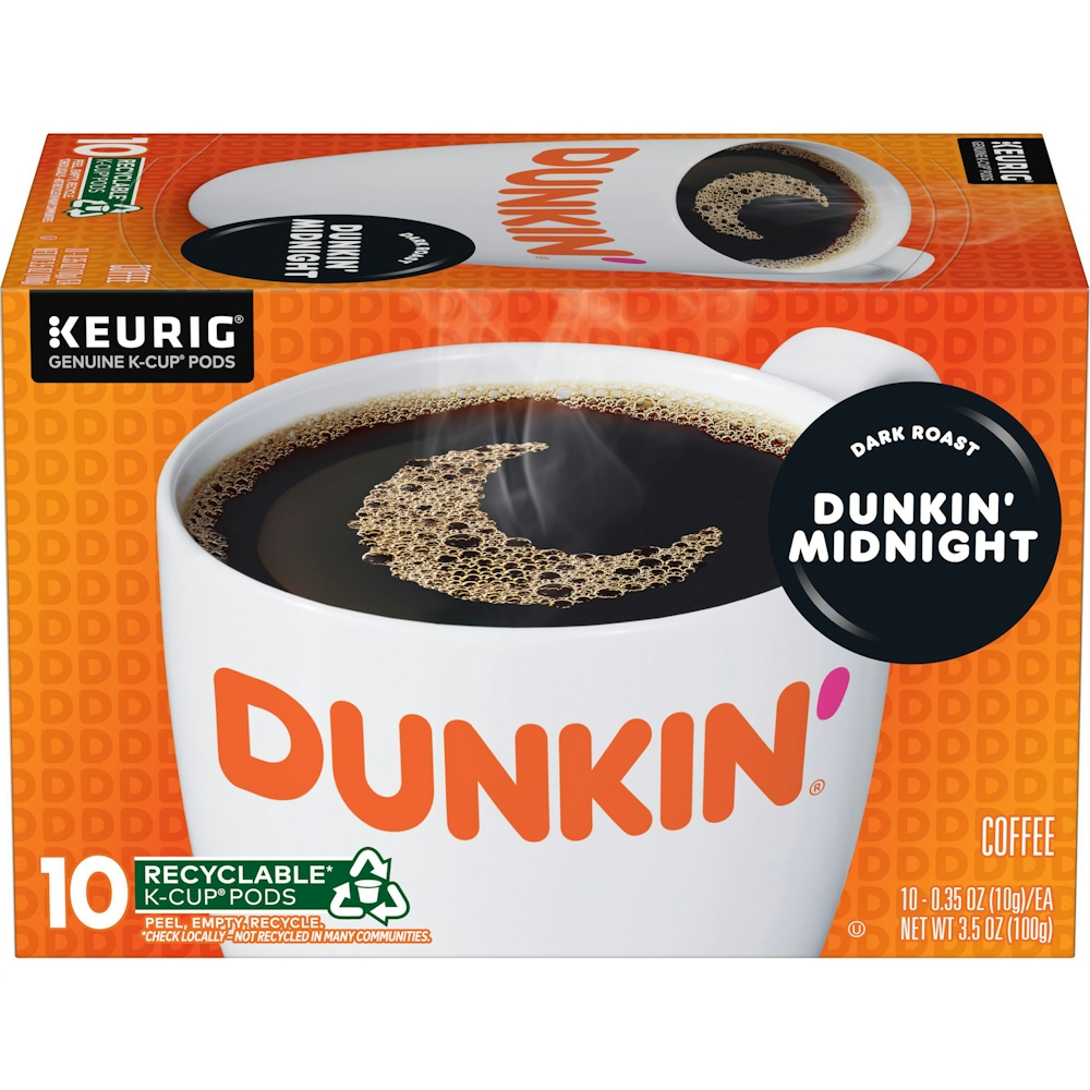 Dunkin' Midnight Dark Roast Coffee, Keurig K Cup Pods, 10 Ct
