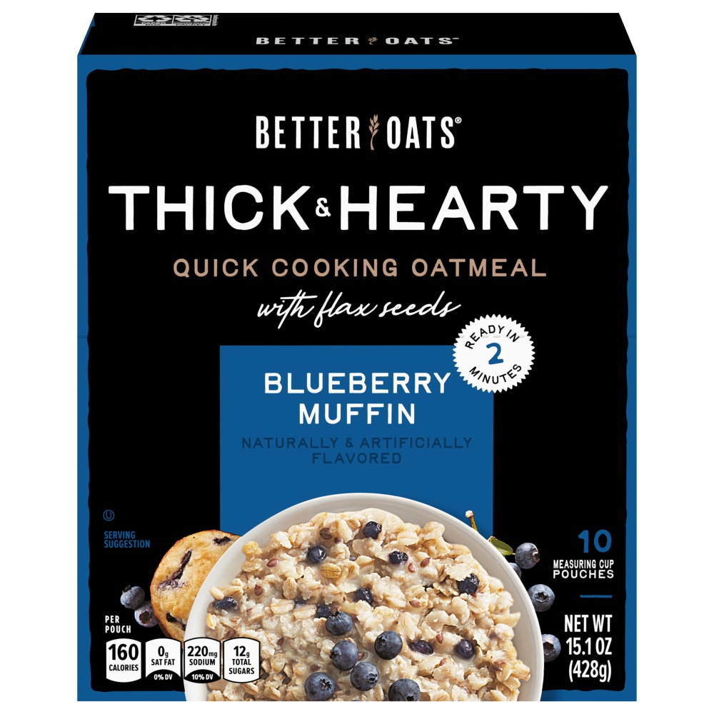 Better Oats Oatmeal, With Flax Seeds, Quick Cooking, Blueberry Muffin, Thick & Hearty 15.1 Oz