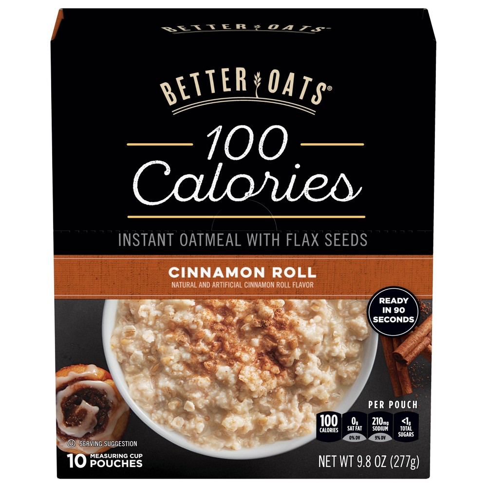 Better Oats Oatmeal, With Flax Seeds, Quick Cooking, 100 Calorie, Cinnamon Roll