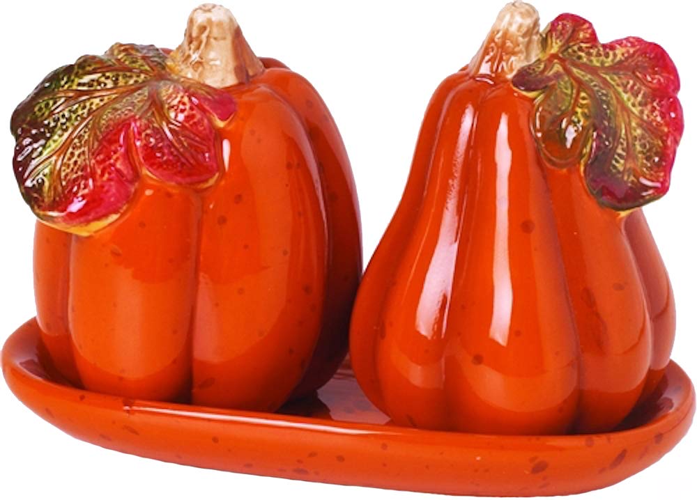 Transpac Imports, Inc. Harvest 3 Piece Dolomite Pumpkin Salt And Pepper Shaker With Tray Set