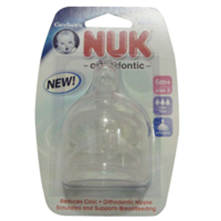 NUK Nipples, Orthodontic, Wide Neck, Silicone, Fast Flow, 6+ M
