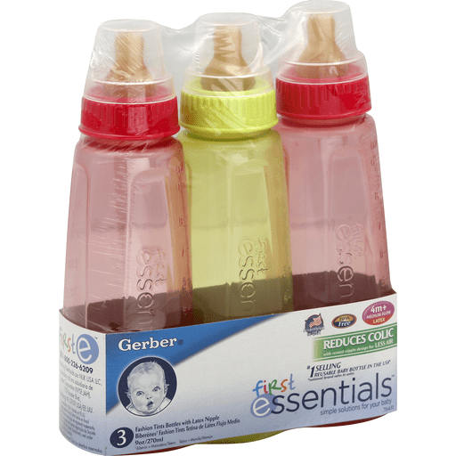 Gerber First Essentials Bottles, Latex, Medium Flow, 9 Oz, 4M