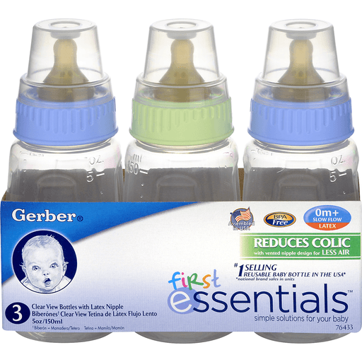 , (Gerber) Gerber First Essentials Clear View Bottle 5oz, 3pk, Slow Flow, Latex