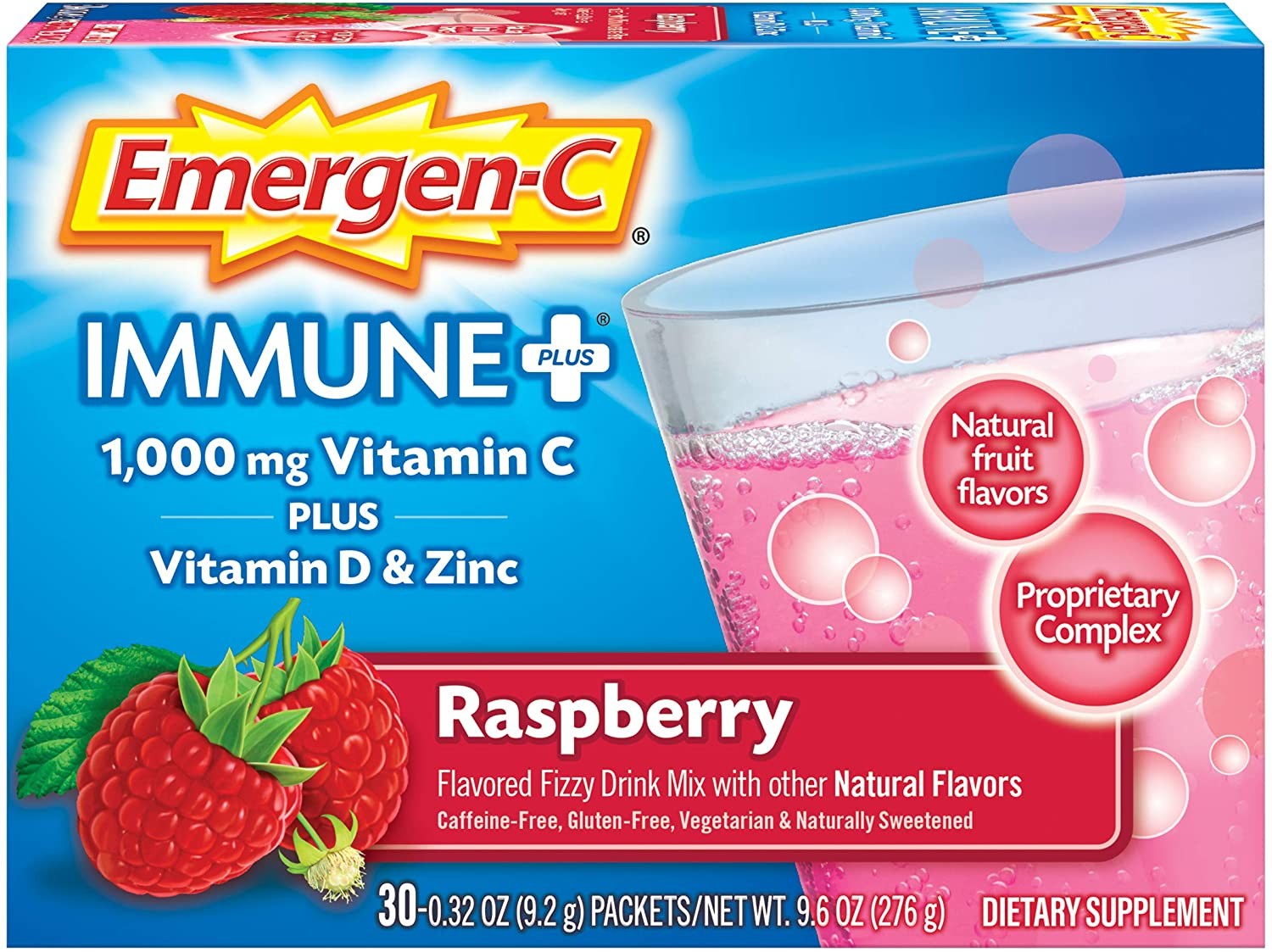 Emer'gen-C Immune Plus Dietary Supplement Powder Drink Mix With Vitamin Raspberry
