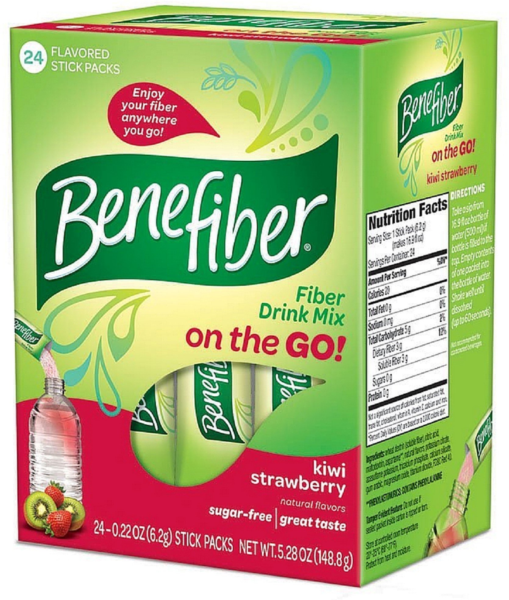 Benefiber On The Go Kiwi Strawberry Fiber Supplement Powder Stick Packs For Digestive Health, 24 Sticks (5.28 Ounces)