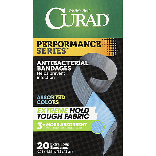 Curad Performance Series Bandages, Antibacterial, Extra Long, Assorted Colors