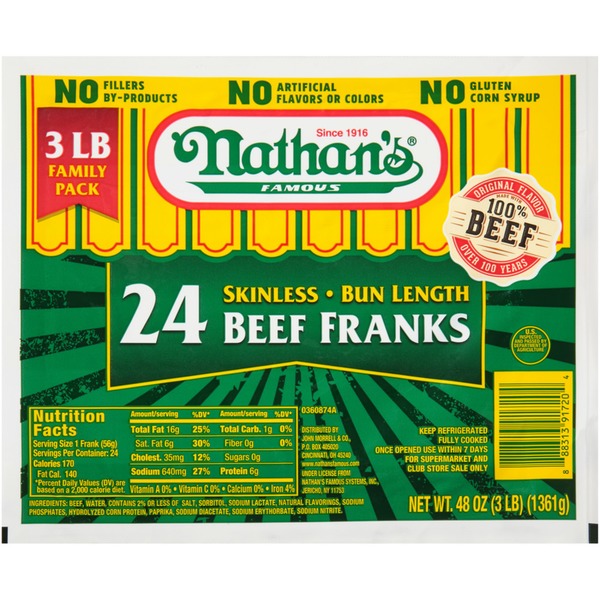 Nathan's Famous Beef Franks, Skinless, Bun Length, Family Pack