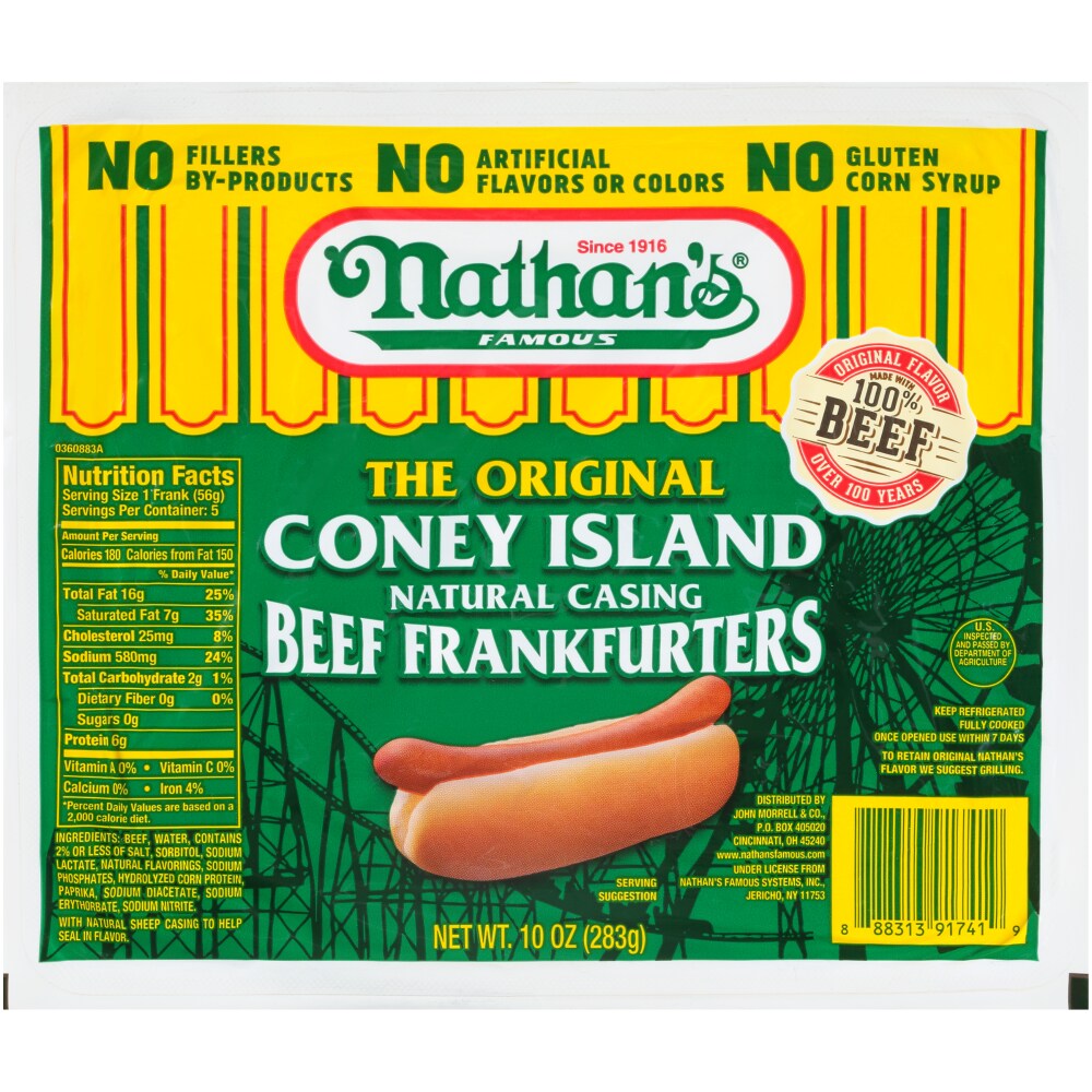 Nathan's Famous The Original Coney Island Natural Casing Beef Frankfurters, 10 Oz