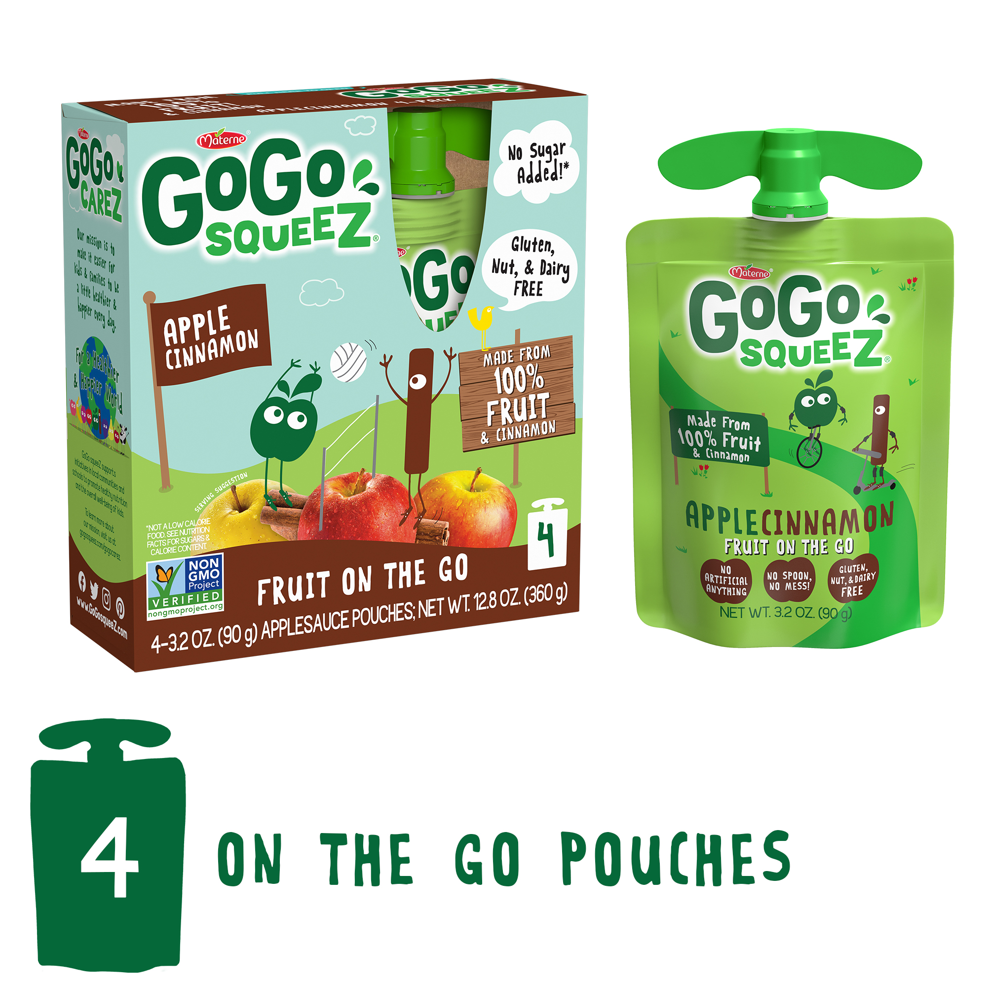 GoGo Squeez Squeeze Apple Cinnamon Applesauce On The Go 4 Pack 3.2 Oz Box - 12ct Case