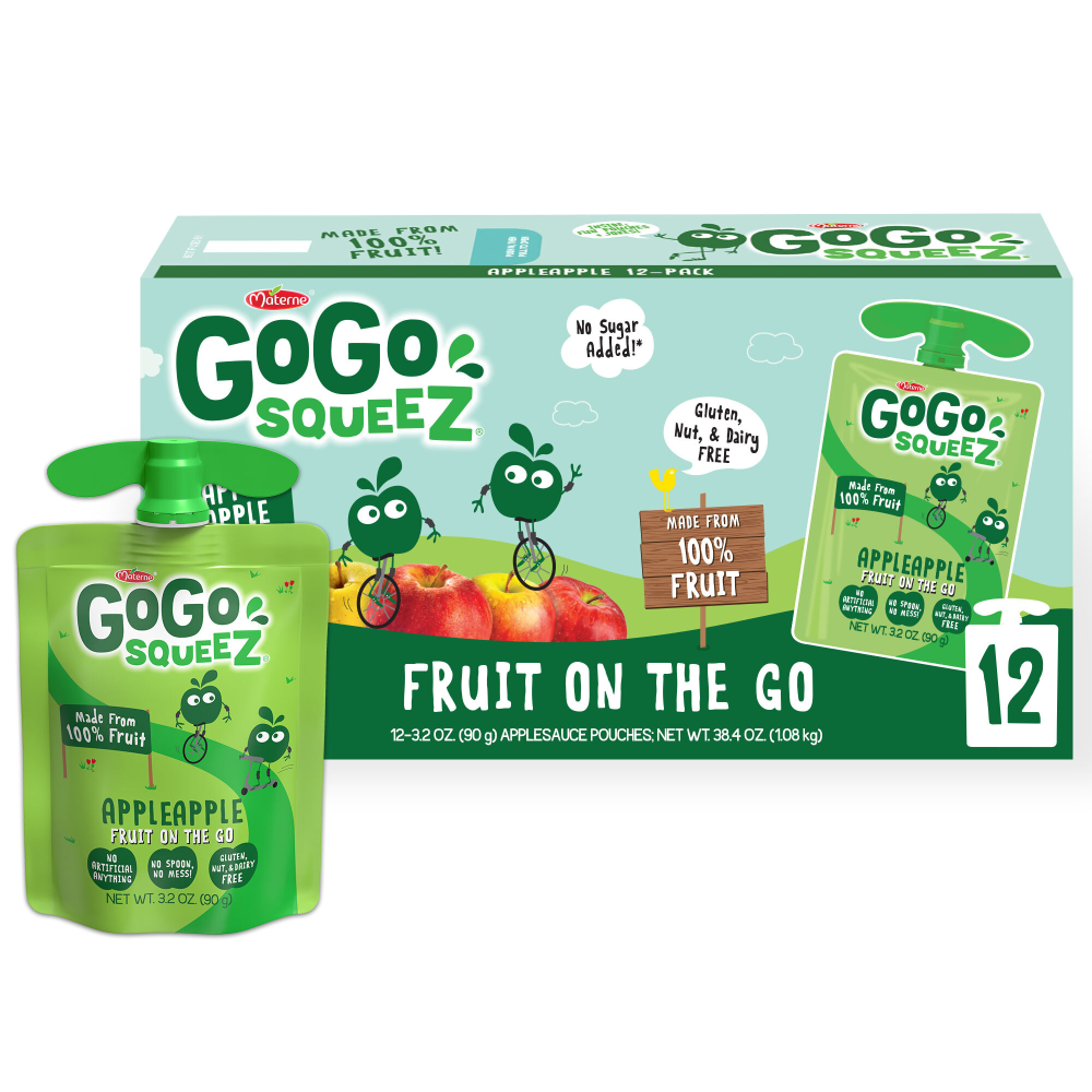 GoGo Squeez Applesauce Apple Apple, Fruit Snack On The Go, 3.2 Oz (Pack Of 12 Pouches), 38.4 Ounce