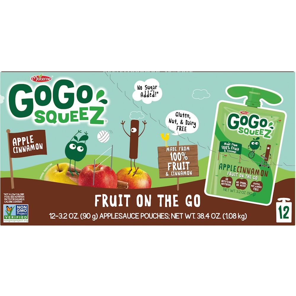 GoGo Squeez Applesauce On The Go, Apple Cinnamon, 3.2 Ounce (12 Pouches), Gluten Free, Vegan Friendly, Healthy Snacks, Unsweetened Applesauce, Recloseable, BPA Free Pouches