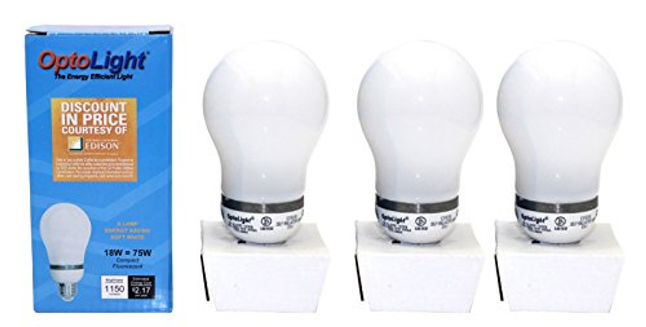 Optolight Compact Flourescent Bulb 18 Watts 120v 60hz 1150 Lumens -3 Bulb Package