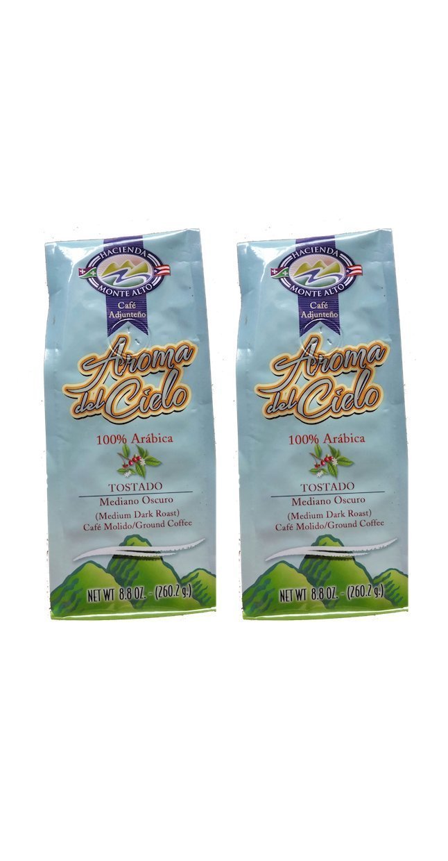 Aroma del Cielo Cafe Molido Ground Caribbean Coffee From Puerto Rico 8.8 Ounces Includes Two Envelopes Of Sason Accent