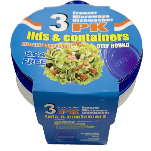 3 Pk Lids & Containers, Deep Round 31 Oz