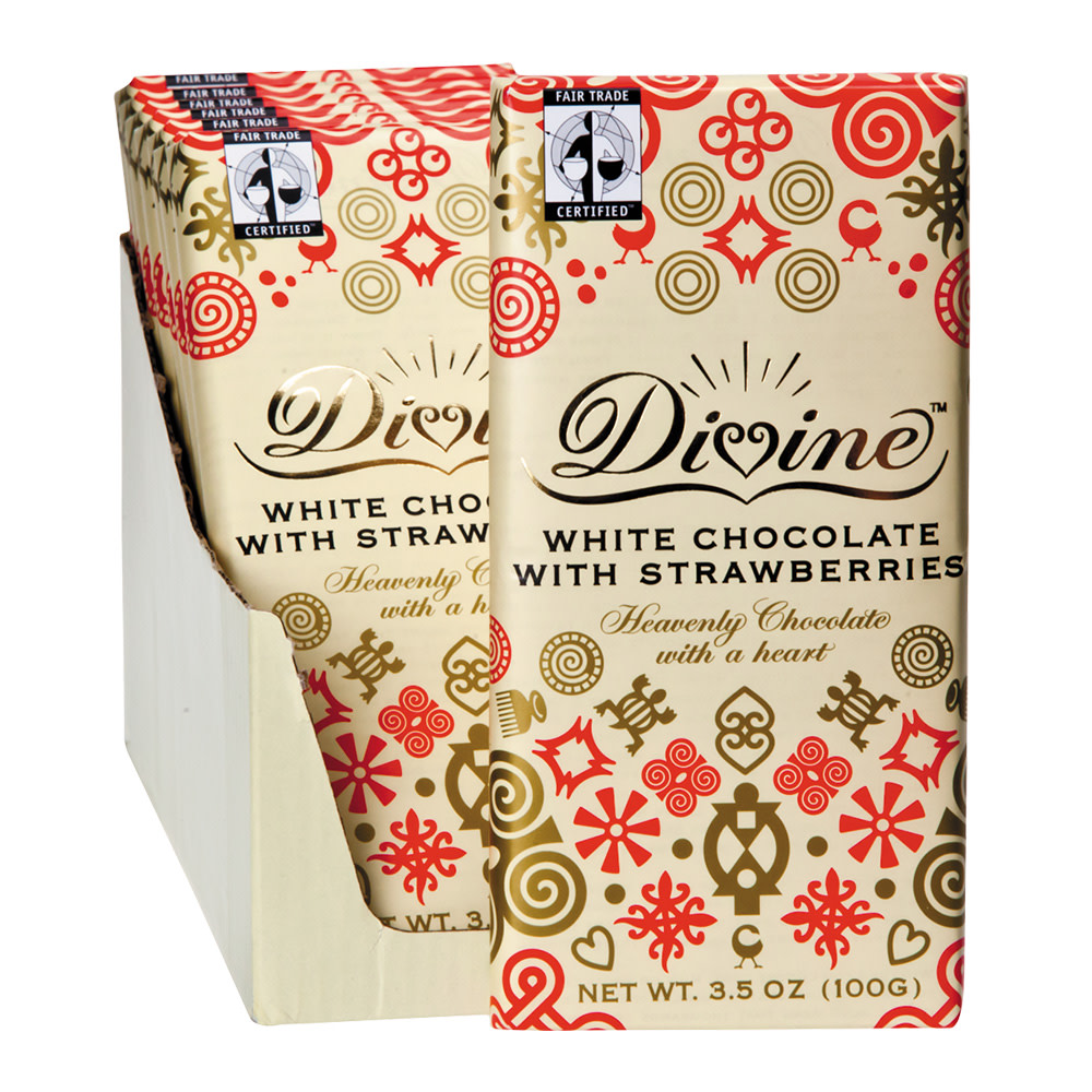 Divine CHOCOLATE: White Chocolate Bar With Strawberries, 3.5 Oz