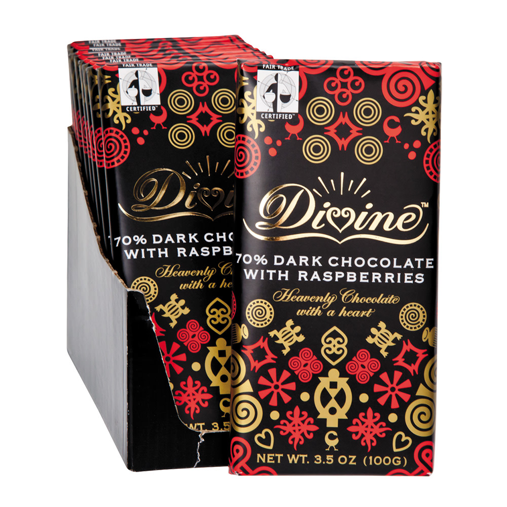Divine CHOCOLATE: 70% Dark Chocolate Bar With Raspberries, 3.5 Oz