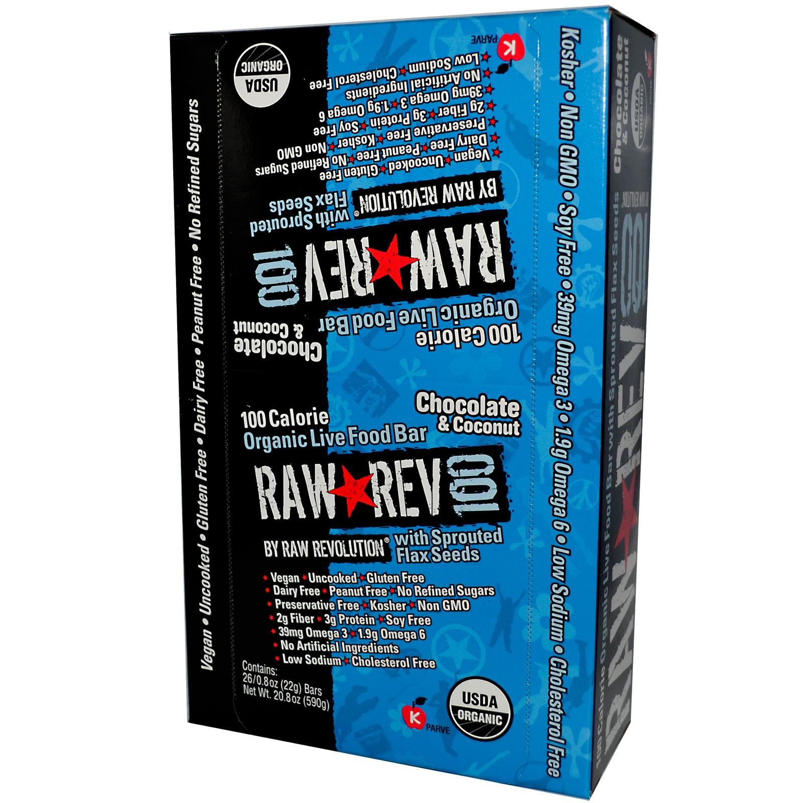 , (Raw Revolution) Raw Rev 100, Chocolate Coconut 100 Calorie Organic Live Food Bar, 0.8-Ounce Bars