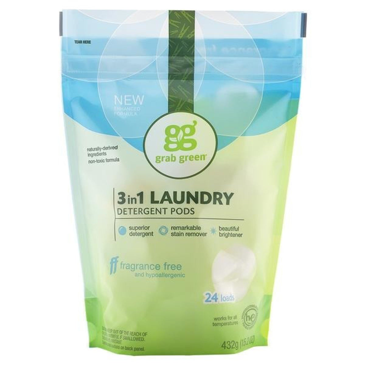 Grab Green 3-in-1 Laundry Detergent Pods, Fragrance Free, 24 Loads