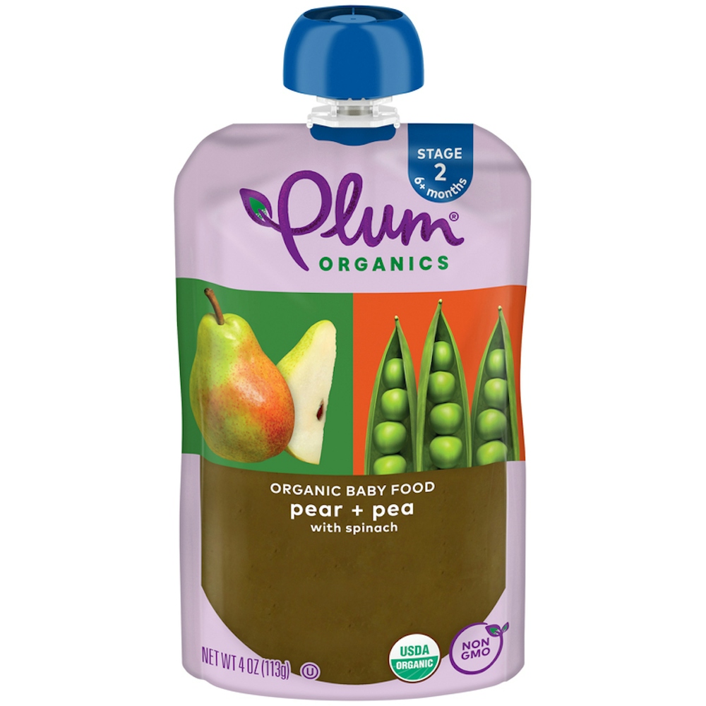 Plum Organics Baby Food Stage 2 Pear, Spinach & Pea 4oz Pouch
