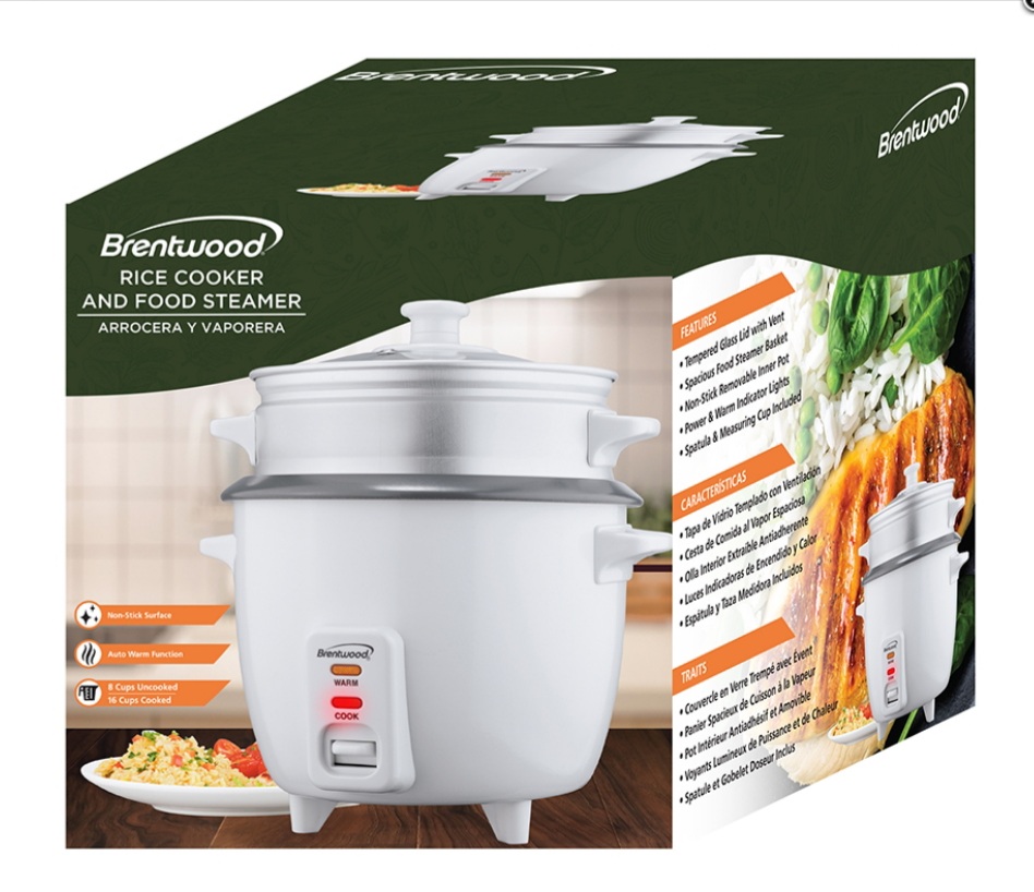 Brentwood 8 Cup Rice Cooker / Non-Stick With Steamer In White