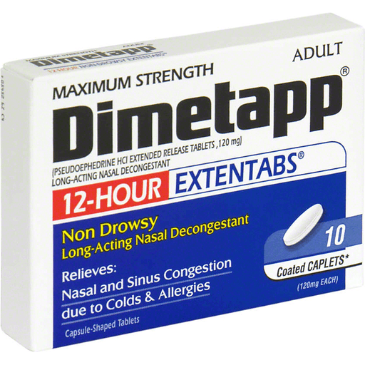 Dimetapp Adult Long-Acting Nasal Decongestant, Maximum Strength, Non-Drowsy, 120 Mg, Coated Caplets