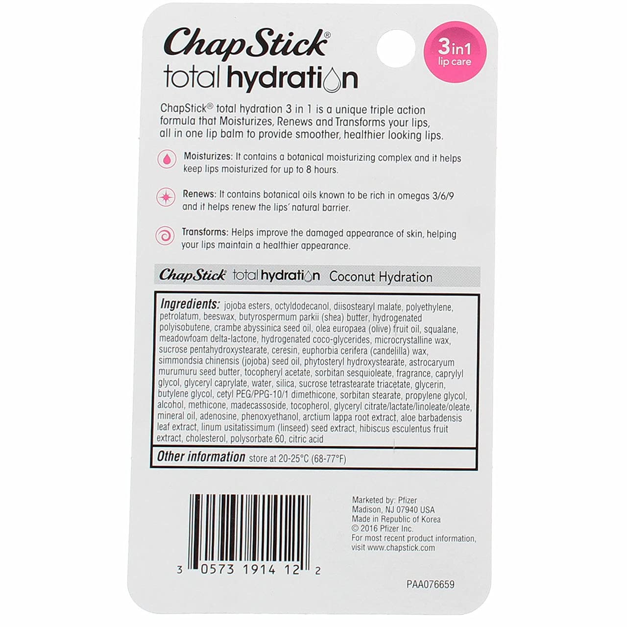 ChapStick Total Hydration Coconut Lip Balm Tube - 0.12 Oz