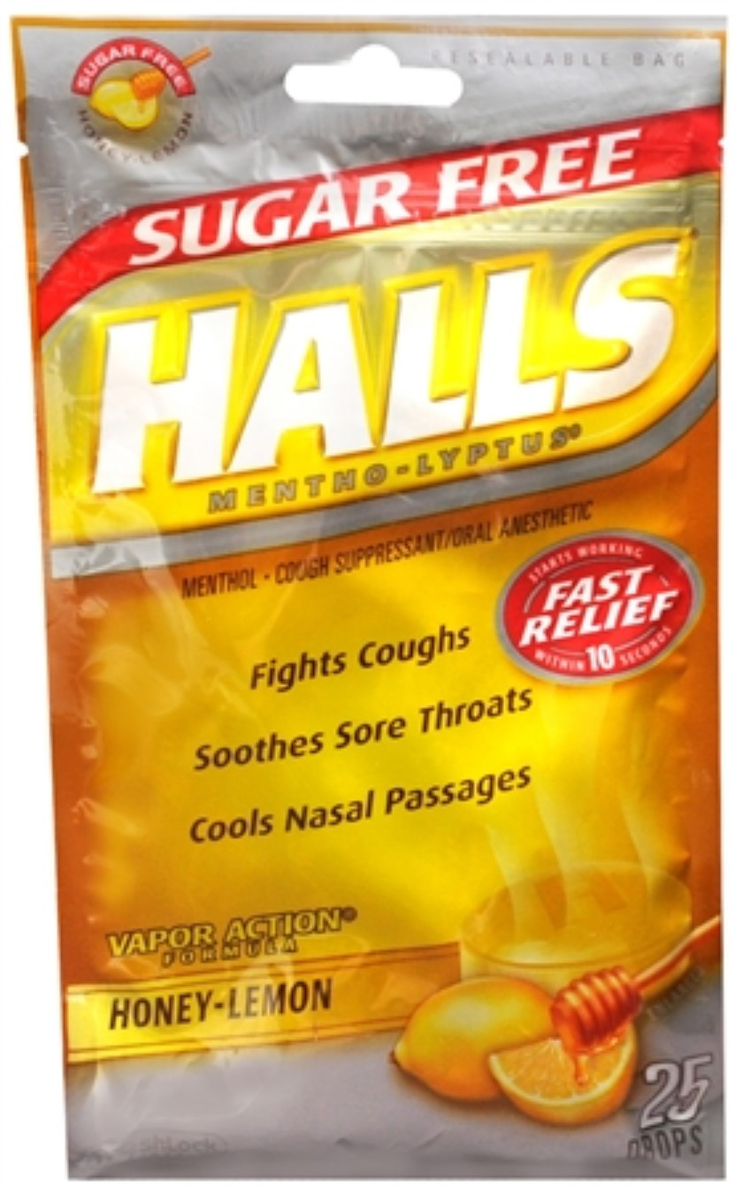 Halls Cough & Throat Relief, Sugar Free, Honey Lemon Flavor, Drops