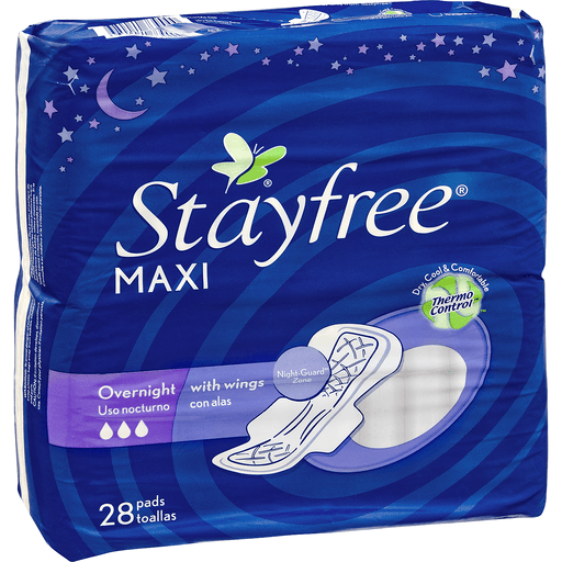 Stayfree Maxi Pads, Overnight With Wings, 28 Pads