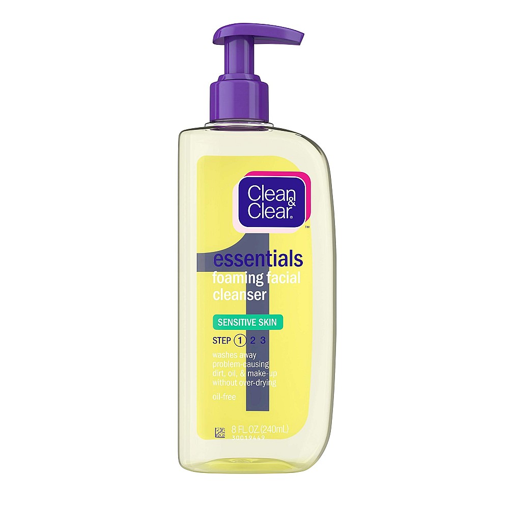 Clean & Clear Essentials Foaming Facial Cleanser For Sensitive Skin, Non-Oily Daily Face Wash To Remove Dirt, Oil Makeup, Aloe Vera, 8 Fl Oz