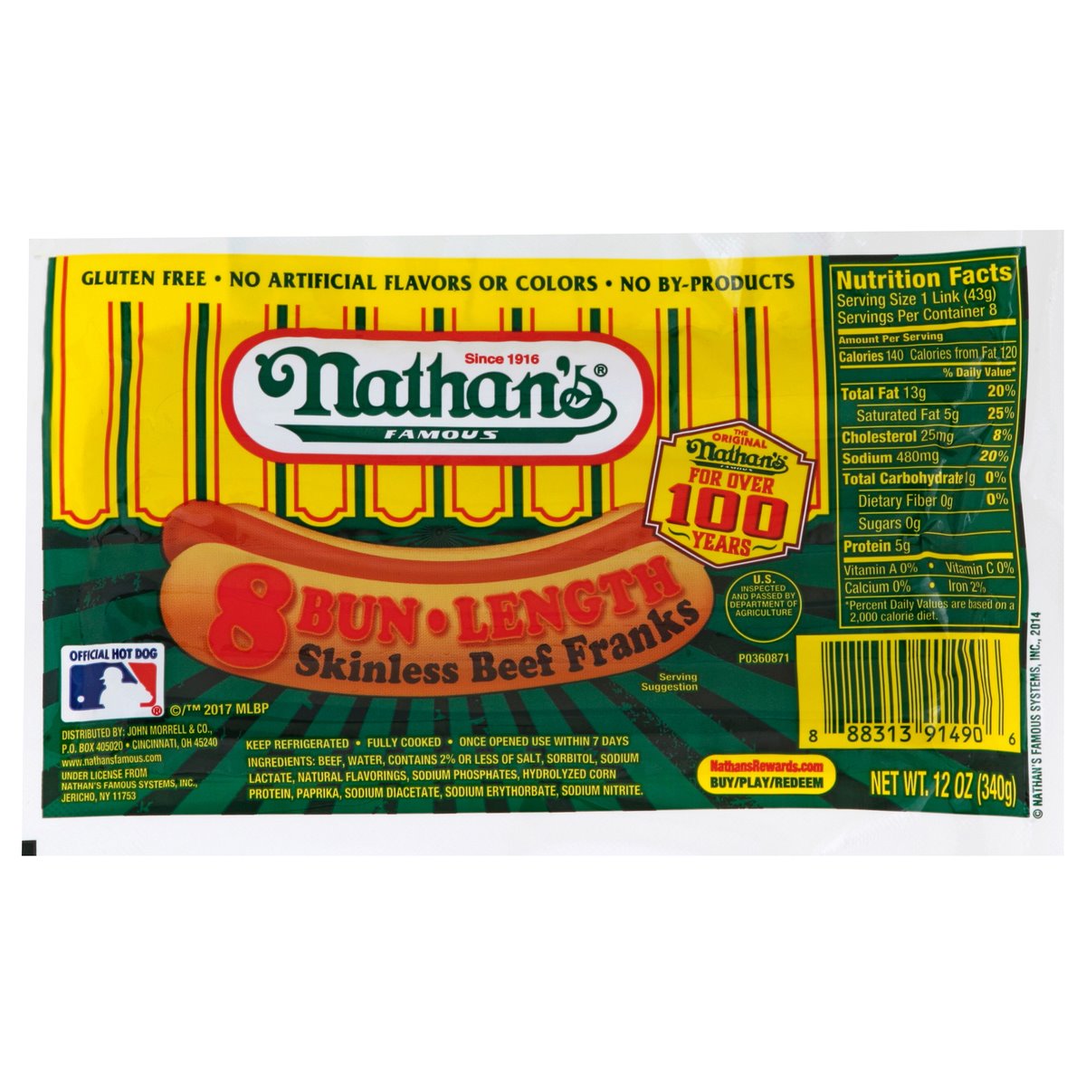 Nathan's Beef Franks, Skinless 16 Oz