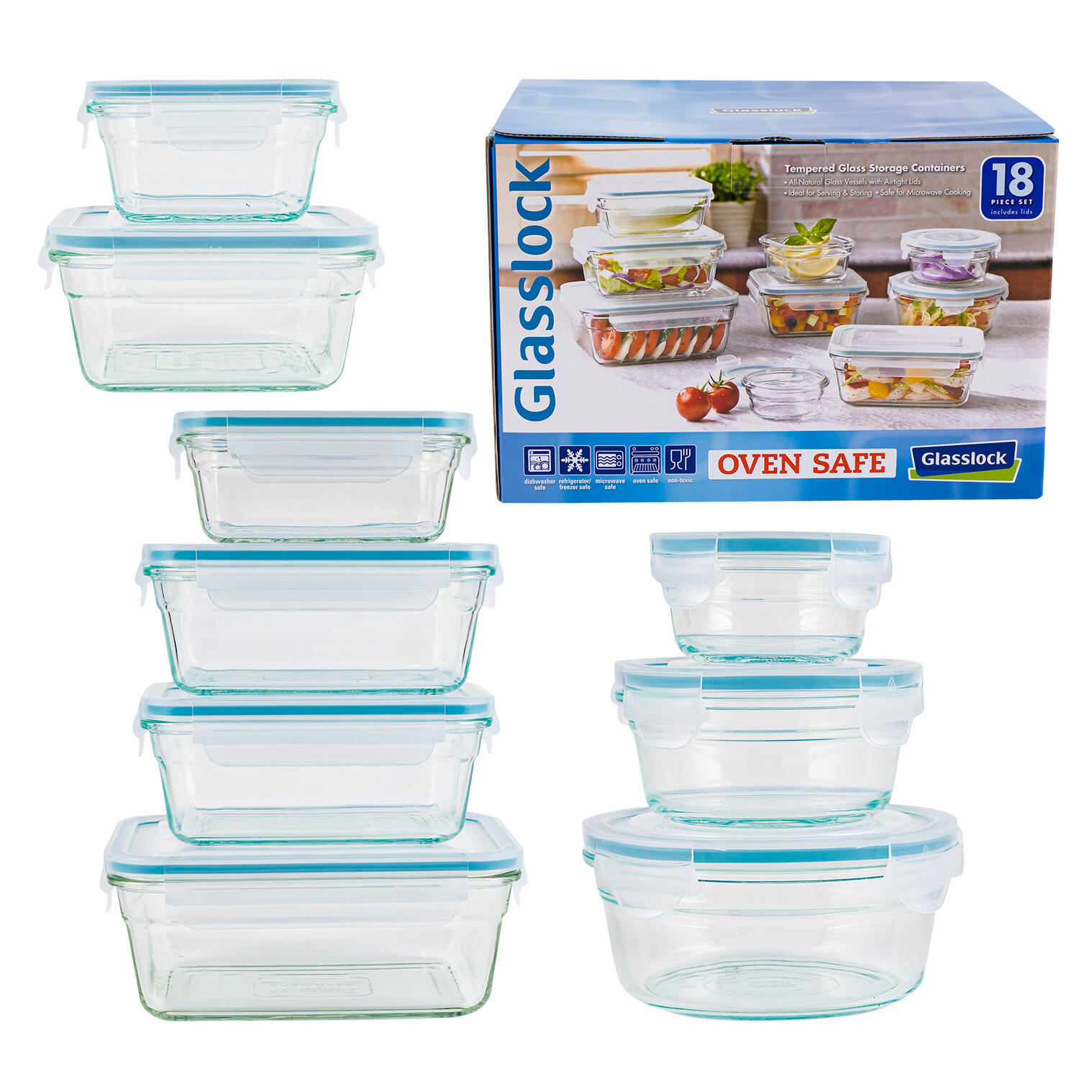 العلامة التجارية جلاس لوك Glasslock Assorted Oven Safe 9 Food Container Set Clear