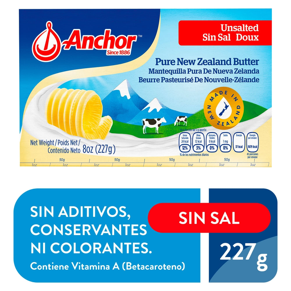 Anchor Butter, Pure New Zealand, Unsalted 8 Oz