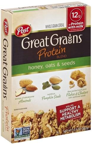 Great Grains Post Protein Blend Honey, Oats & Seeds Whole Grain Cereal 13.5 Oz. Box